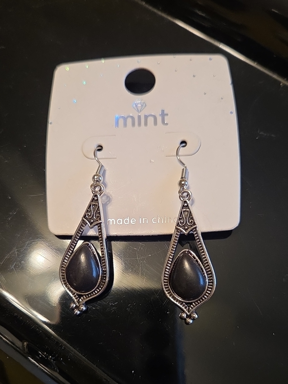 Mint Silver-Tone Earrings with Black Teardrop Stones, NWT